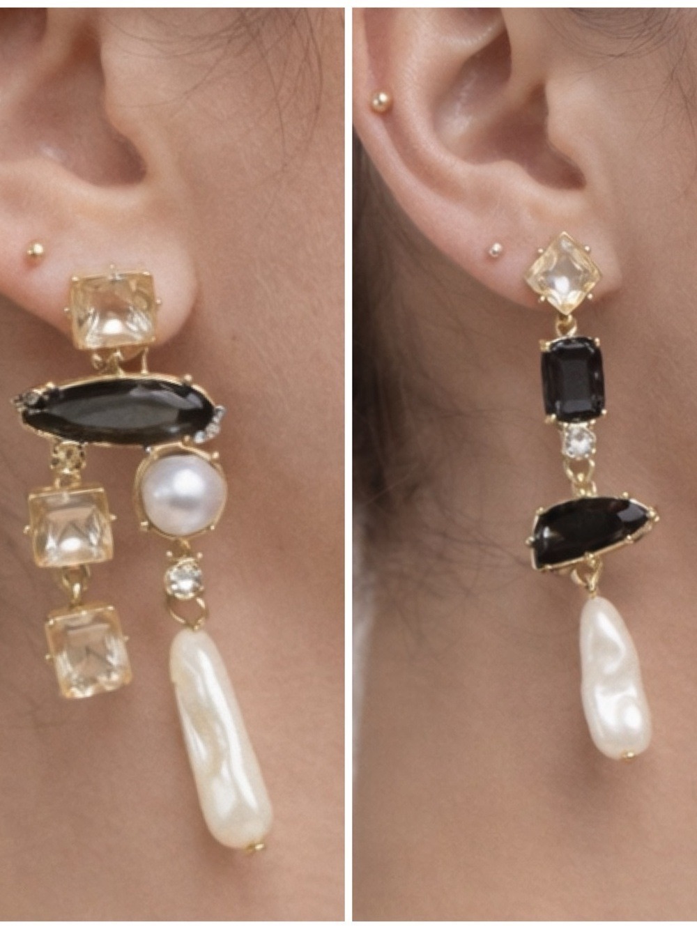 😍CLEARANCE -  E68 NWT JOE FRESH Goldtone Black Pearl Inukshuk & Dangle Earrings